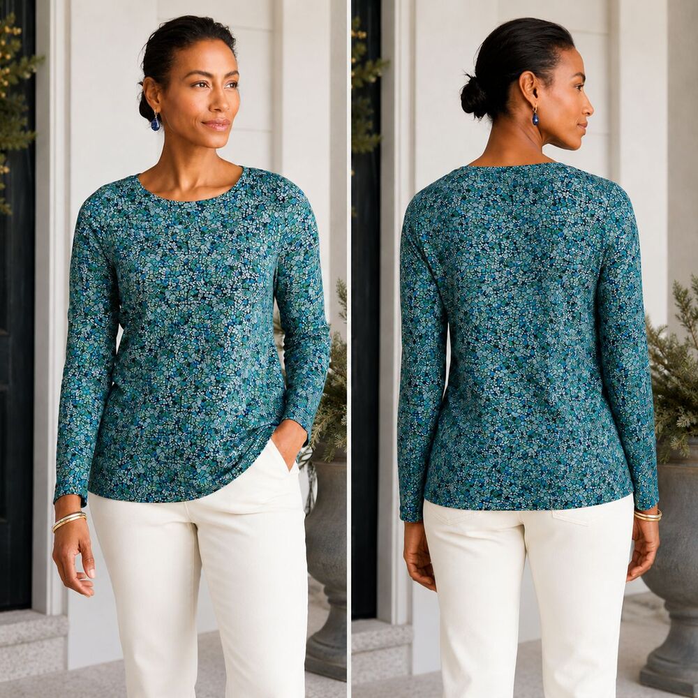 J Jill Pima Cotton Long Sleeve Crew Neck Tee Medium Petite Floral Blue Green NEW